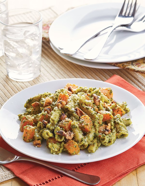 Sage & walnut pesto pasta with sweet potatoes