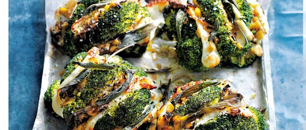 Sage and halloumi roasted broccoli with caramelised leeks