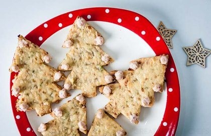 Sage and onion Christmas tree shortbread with cheddar and cranberry baubles