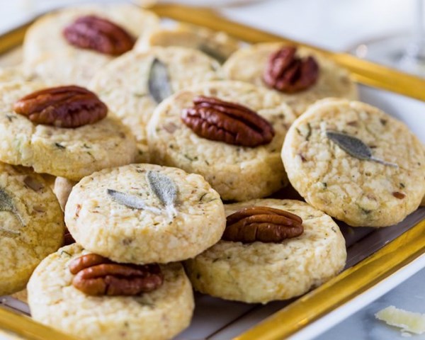Sage, Asiago, and pecan savory shortbread coins