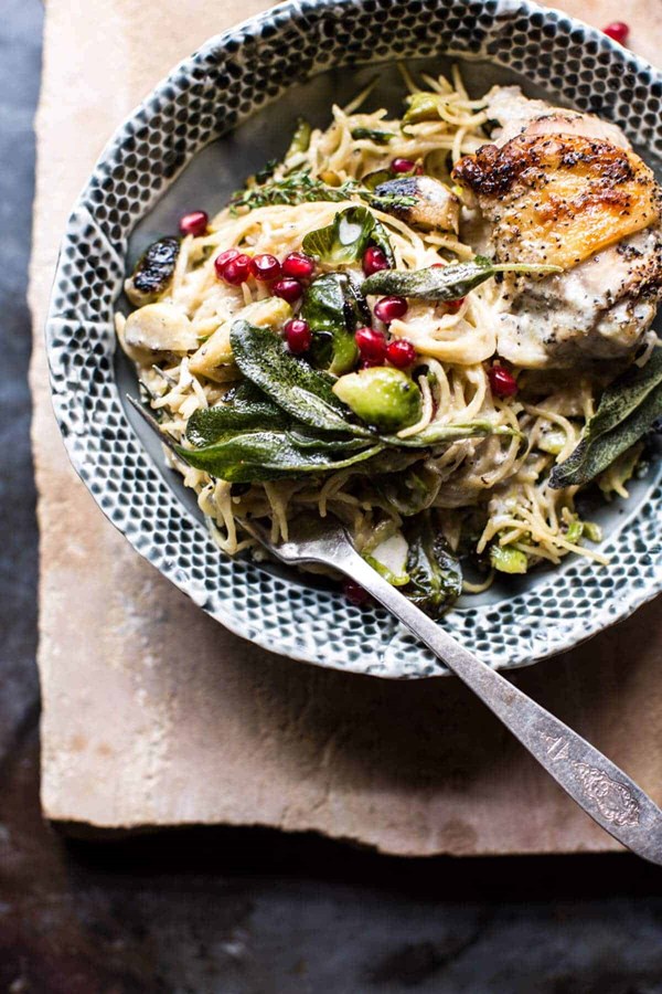 Sage butter lemon roasted chicken in goat milk with Brussels sprout pasta