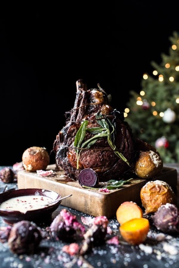 Sage crusted standing rib roast with Gorgonzola cream sauce