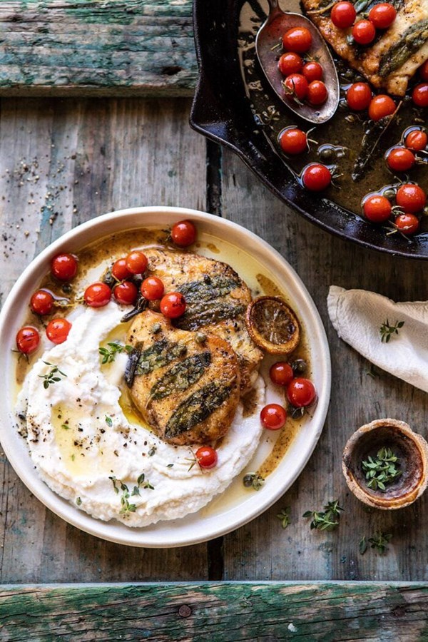Sage lemon butter chicken piccata with mashed cauliflower