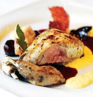 Sage-roast Rievaulx red-legged partridge with kiln-smoked Yoadwath Mill ham, creamed celeriac, sloe gin juices and buttered baby beets