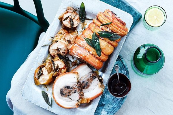 Sage-rubbed porchetta with quince glaze