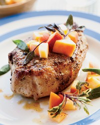 Sage-rubbed pork chops with pickled peach relish