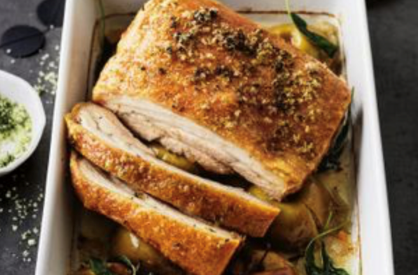 Slow roasted pork belly with glazed chestnuts and radicchio recipe