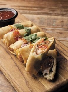 Sage sausage spring rolls with shrimp and Vietnamese dipping sauce