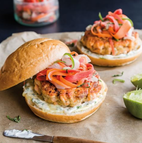 Saigon salmon burgers with carrot-daikon slaw