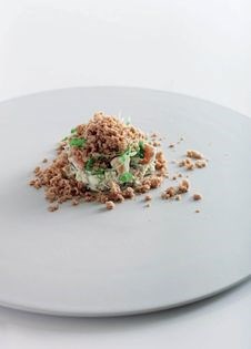 Saint Agur and mascarpone cheese with crystallised macadamias, celery cress and roasted endive granita