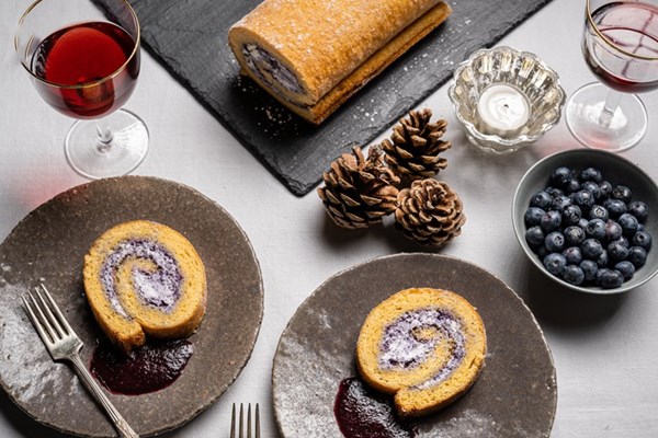 Saint Agur crème and blueberry roulade