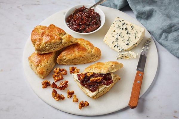 Saint Agur scones with fig relish and honey walnuts