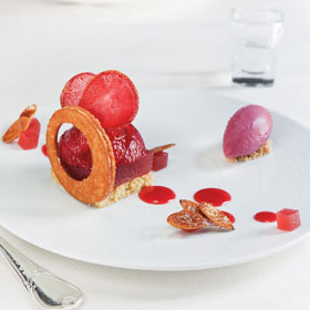 Sake-glazed pluots with almond biscuit & pluot sorbet