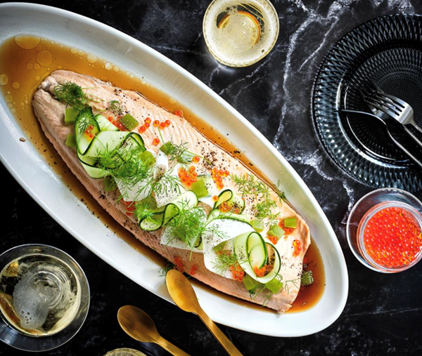 Sake-poached salmon with pickled cucumbers and yuzu-wasabi jelly