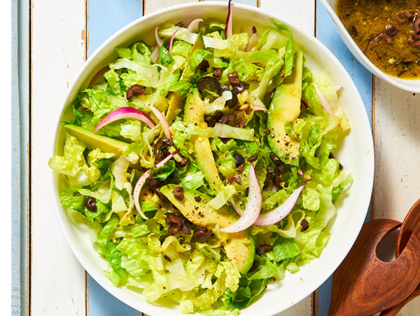 Salad of avocado & romaine with black olive dressing