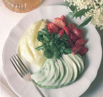 Salad of avocado, melon and strawberries with elderflower dressing [Joyce Molyneux]