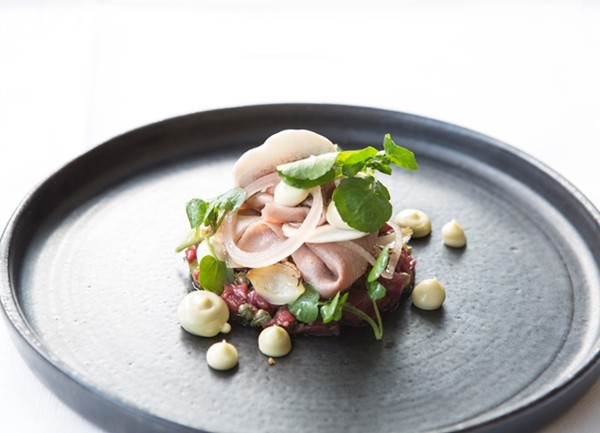 Salad of beef tartare, slow-cooked ox tongue and smoked mayonnaise