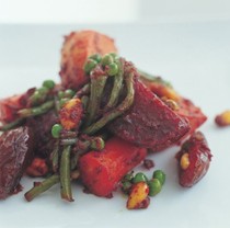 Salad of braised beetroot, yam, peas and beans