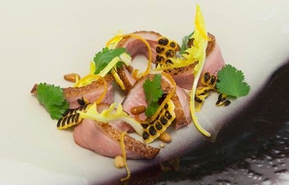 Salad of duck breast with orange, pine kernels and dandelion