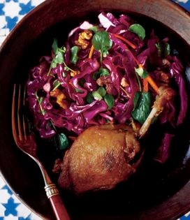 Salad of duck confit with red cabbage, chestnuts, and watercress (Salade Cévenole)