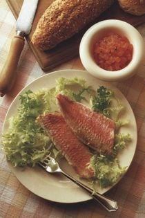 Salad of endive lettuce with steamed red mullet and coriander dressing
