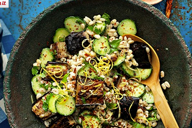 Salad of farro, roasted aubergines, cucumber and mint