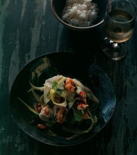Salad of fried sea mullet, green mango & mangosteens