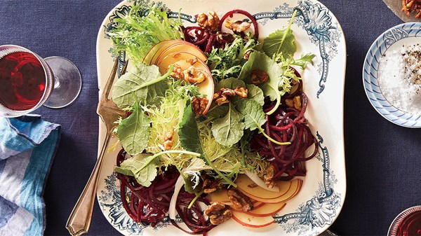 Salad of frisée, Fuji apple, and marinated beets
