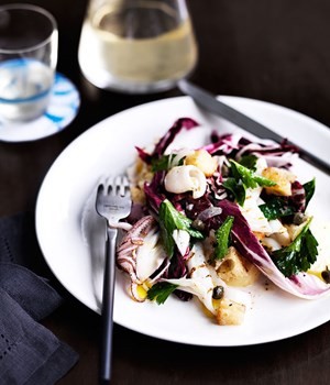 Salad of grilled baby calamari, radicchio and potatoes