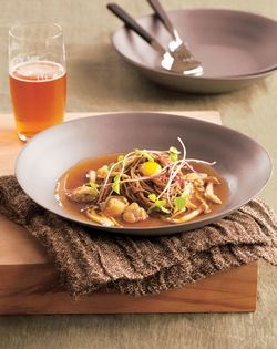 Salad of hon-shimeji and Korean buckwheat noodles in broth