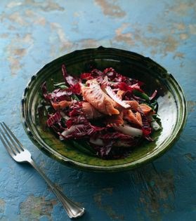 Salad of hot-smoked rainbow trout, Treviso & green beans