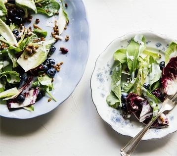 Salad of oat groats, blueberries, chicories + buttermilk