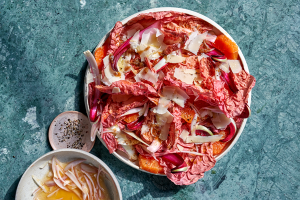 Salad of pink radicchio, citrus, and mushroom bagna cauda