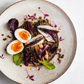 Salad of Puy lentils, smoked anchovies and egg