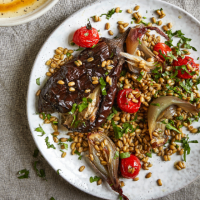 Salad of roast shallots and aubergine with freekeh and sumac