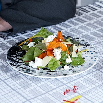 Salad of roast squash with ricotta, smoked cheese and fried sage
