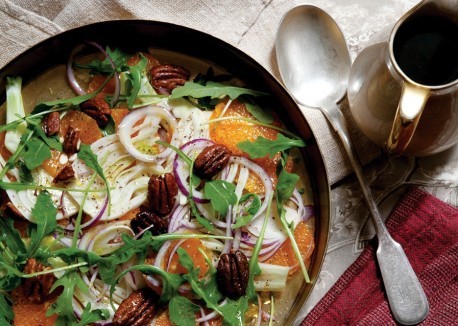 Salad of shaved fennel, oranges, and candied pecans