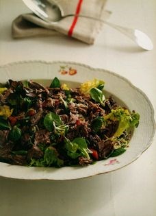 Salad of slow-cooked beef with bitter & savoury greens
