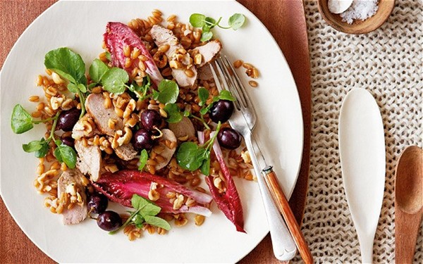 Salad of spelt, warm pheasant, autumn leaves and pickled grapes 
