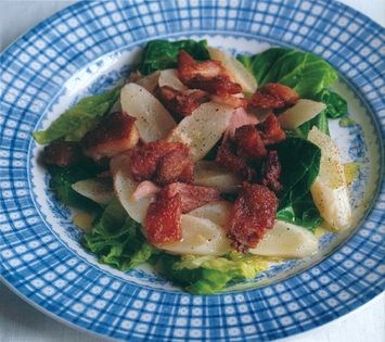Salad of sprout tops, salsify and ham hock