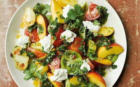 Salad of tomatoes, nectarines and labneh with chermoula
