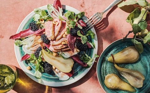 Salad of warm duck, pickled pear, blackberries and bitter leaves