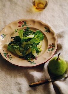 Salad of watercress, radicchio & sliced pear with avocado vinaigrette