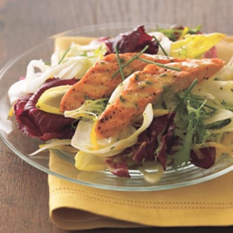 Salad of winter greens, beets & grilled salmon