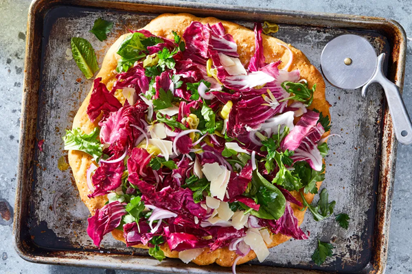 Salad pizza with gluten-free dough