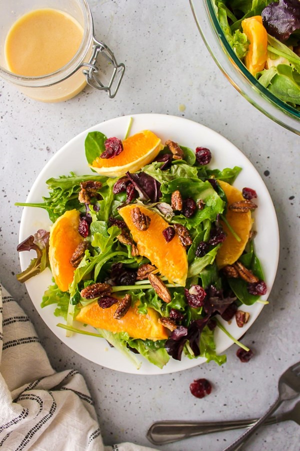 Salad with citrus vinaigrette and sugared pecans