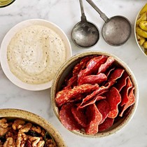 Salami chips with grainy mustard dip