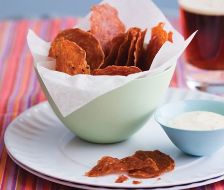 Salami chips with grainy mustard dip