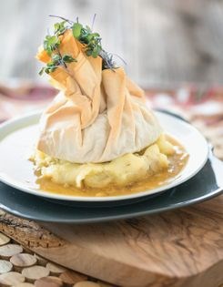 Salisbury seitan phyllo pouches with rosemary mashed potatoes