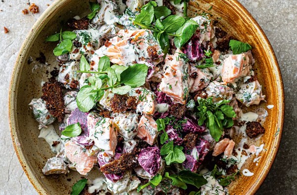 Salmon & beetroot potato salad with buttered rye crumbs
